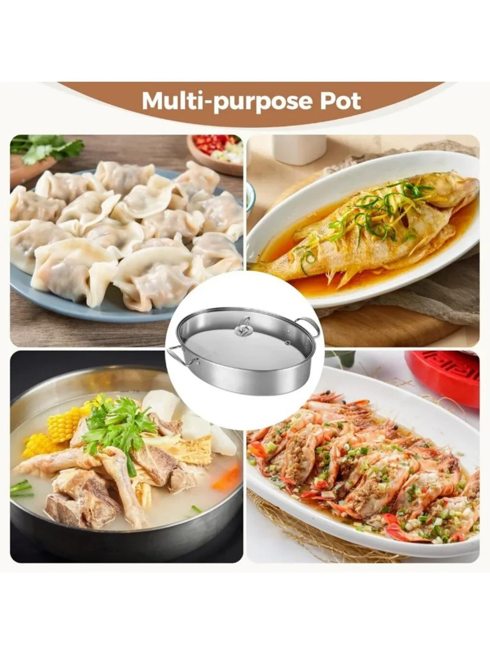 Multi-Use Stainless Steel Fish Steamer Set with Glass Lid, Rack & Gloves